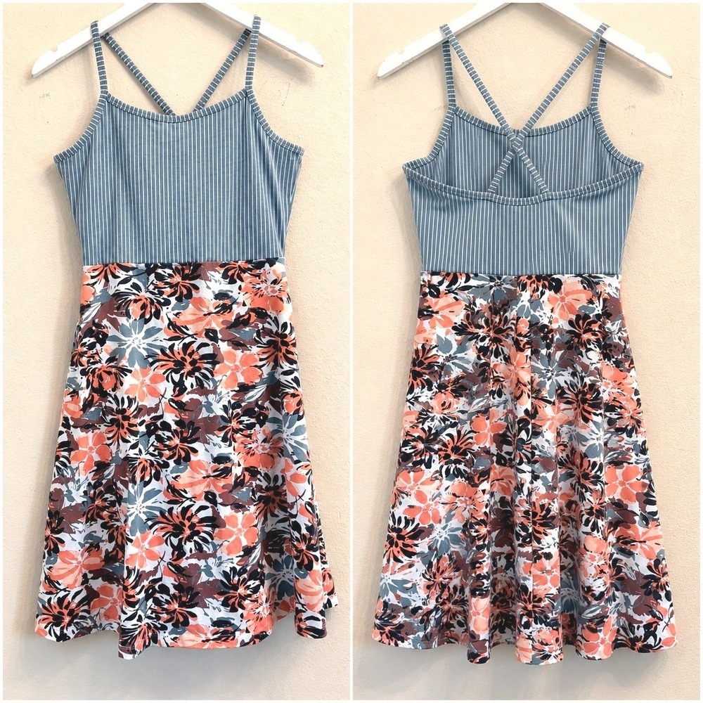 PACT Organic Cotton Stripes & Floral Cross-Back Fit & Flare Dress Size Medium